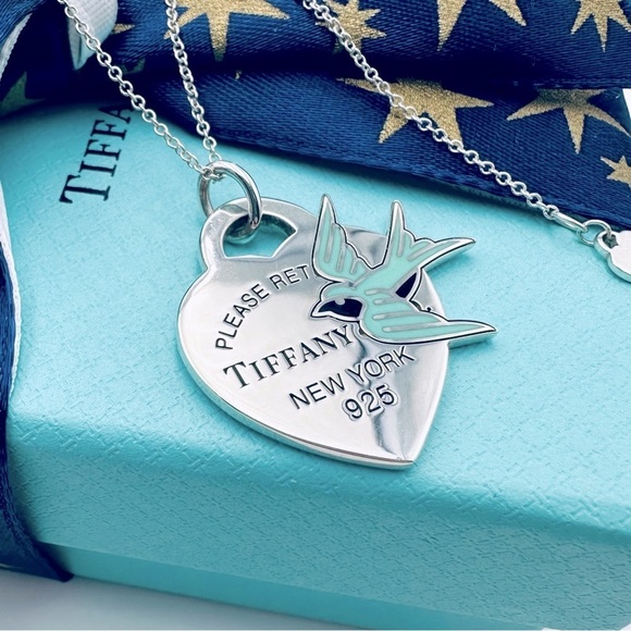 RARE Tiffany & Co. Return To Blue Enamel Bird Heart Charm Necklace w Packaging - Picture 4 of 10